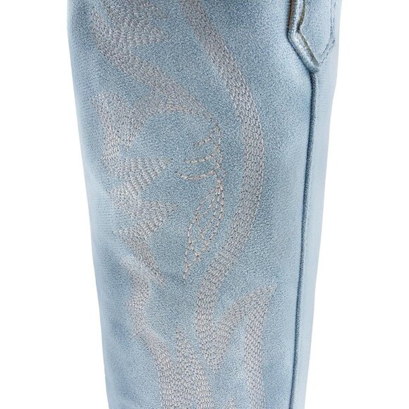 Women's Faux Suede Pointed Heeled Western Wide Calf Embroidered Light Blue Boots - Picture 5 of 7